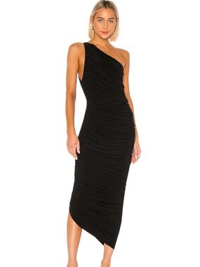Norma Kamali Black One-Shoulder Ruched Asymmetric Midi Dress Diana